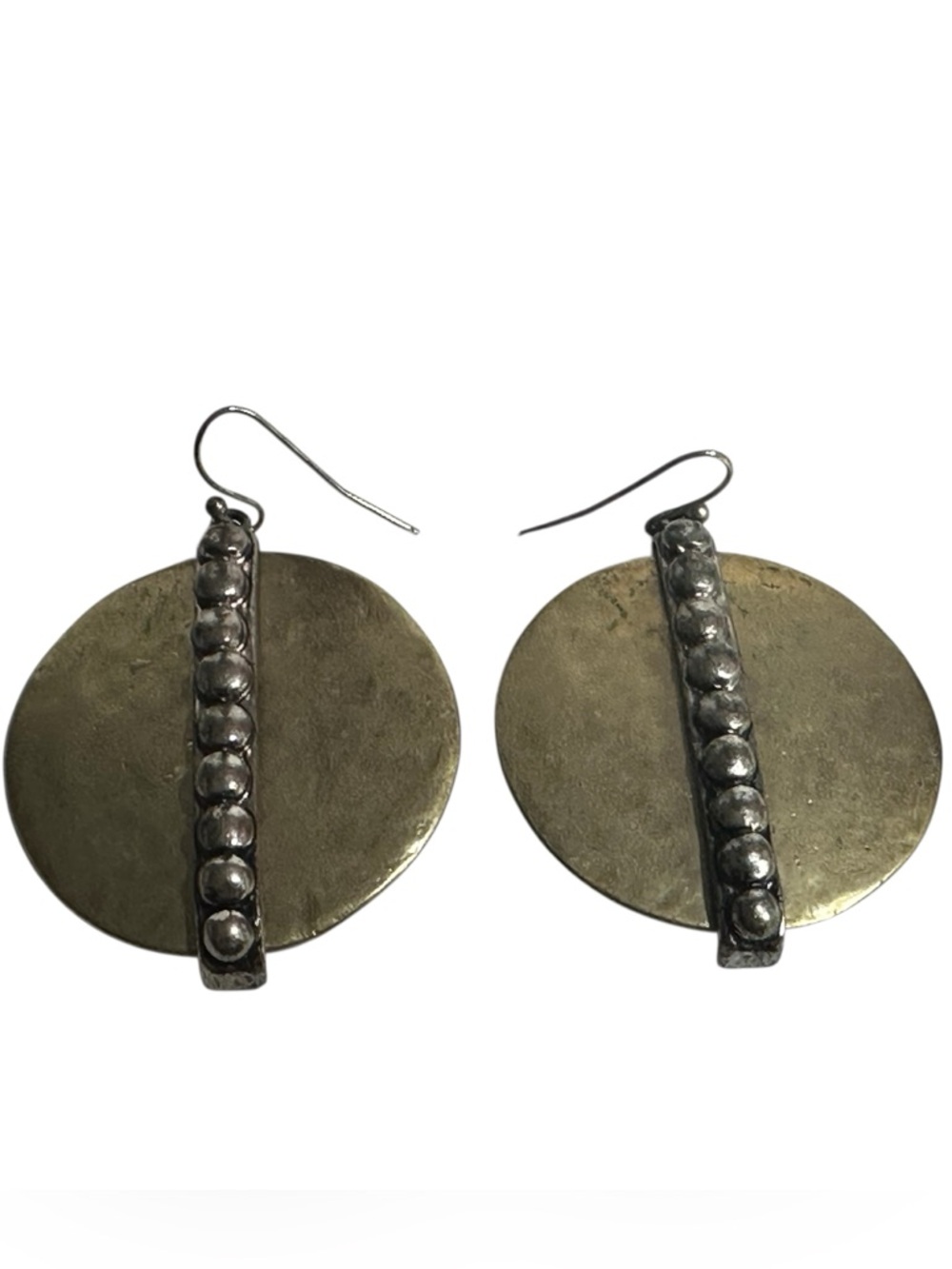 Modernist Hammered Dangle Earrings Gold Brass Tone Studded Bar Brutalist